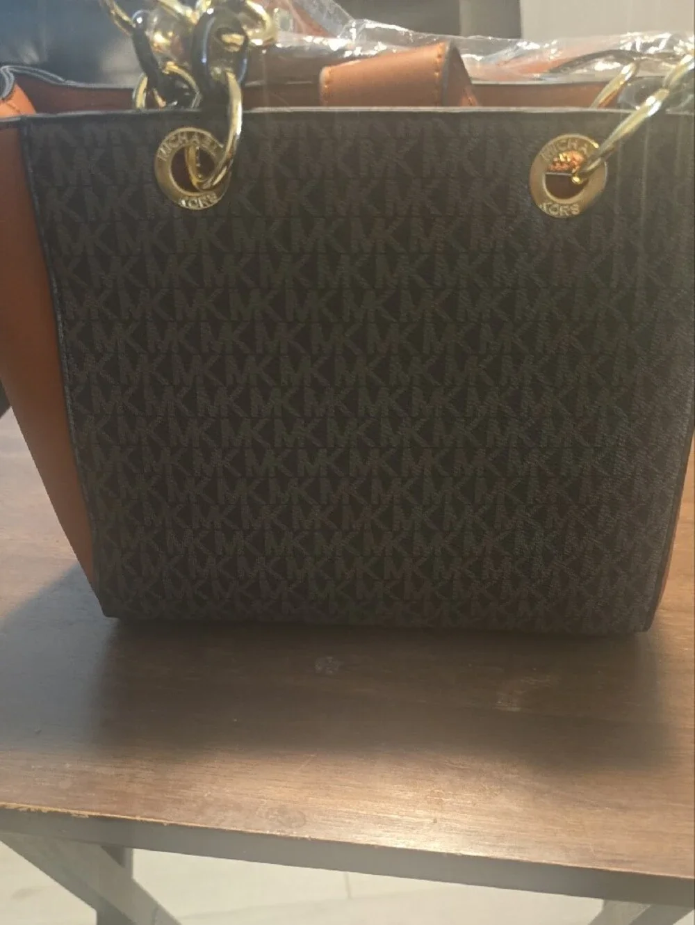 Michael Kors Dark Brown MK Logo Tote with Tan Sides and Gold Accents